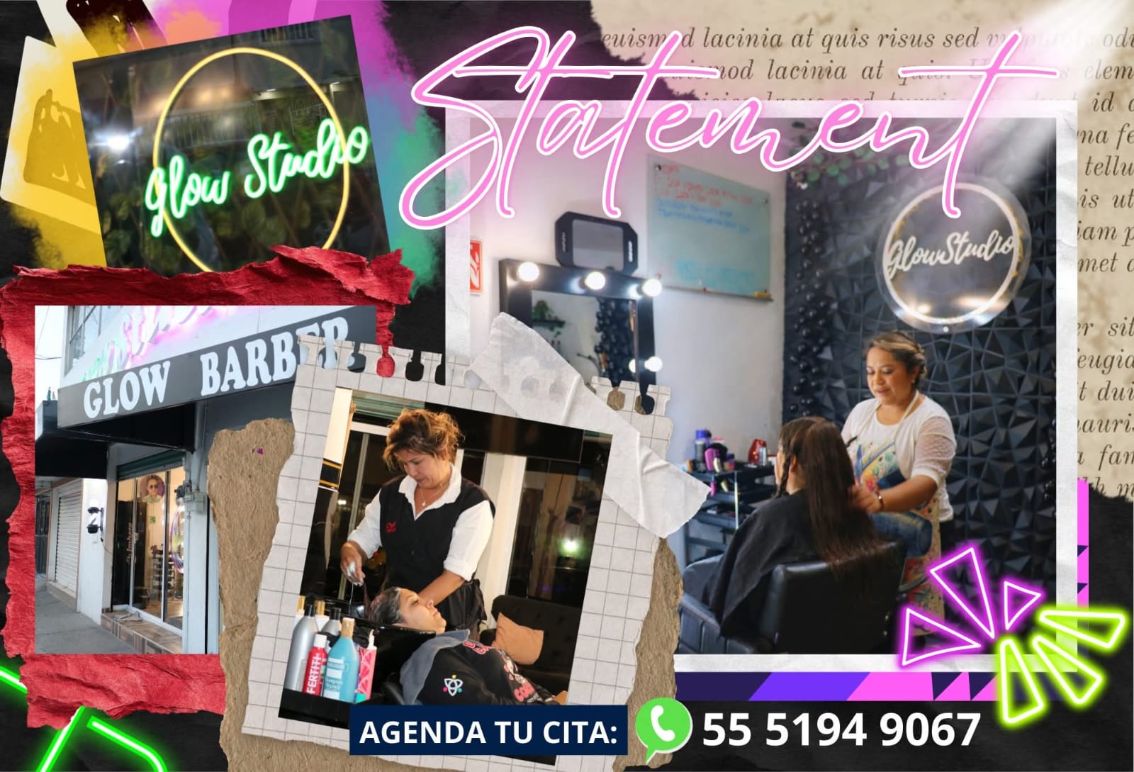 Collage Statement de Glow Studio: local, estaciones de trabajo y lavado de cabello